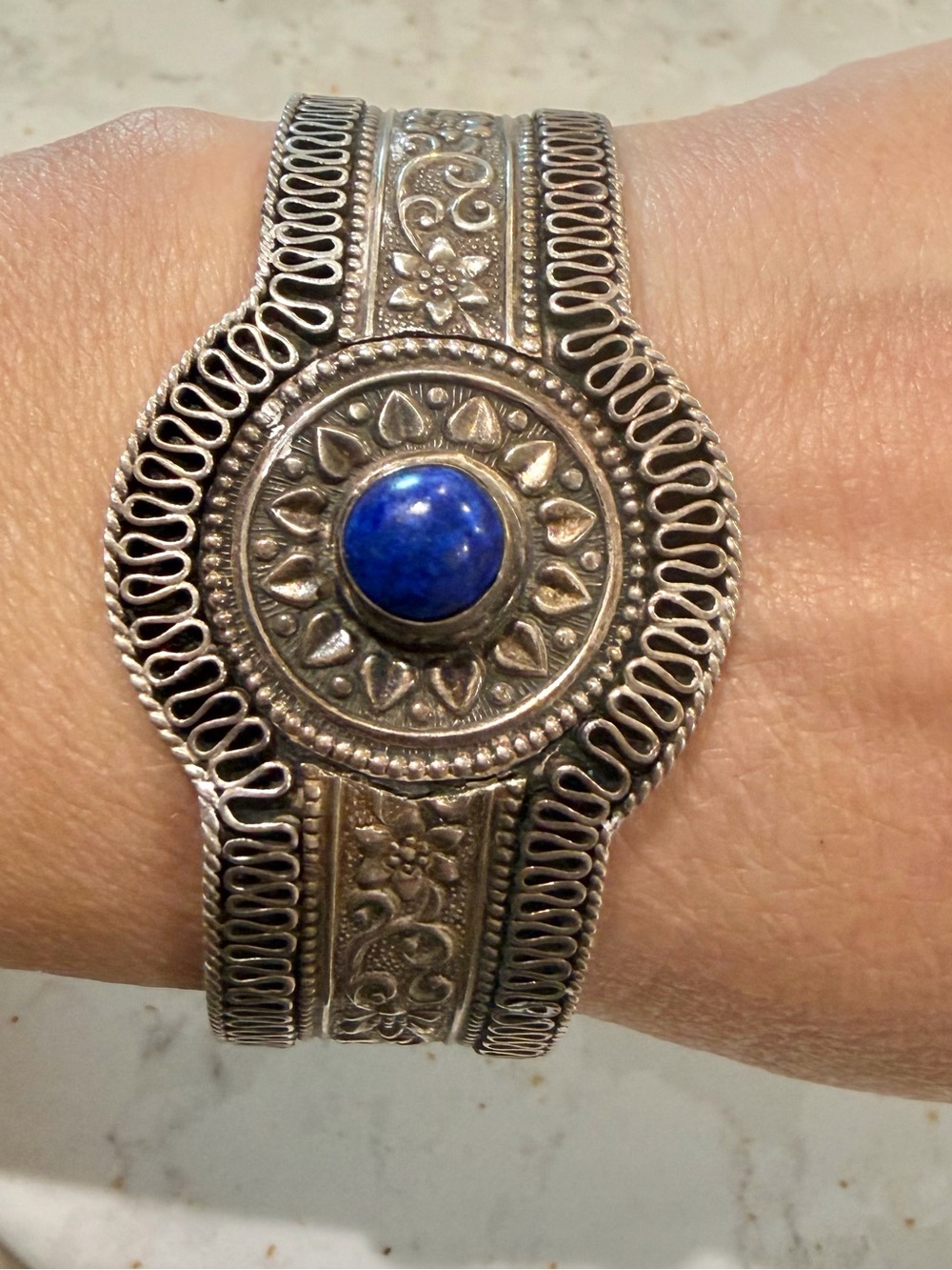 Vintage Afghan Kuchi Tribal Cuff Bracelet 925 Sterling Silver Lapis Lazuli 26g